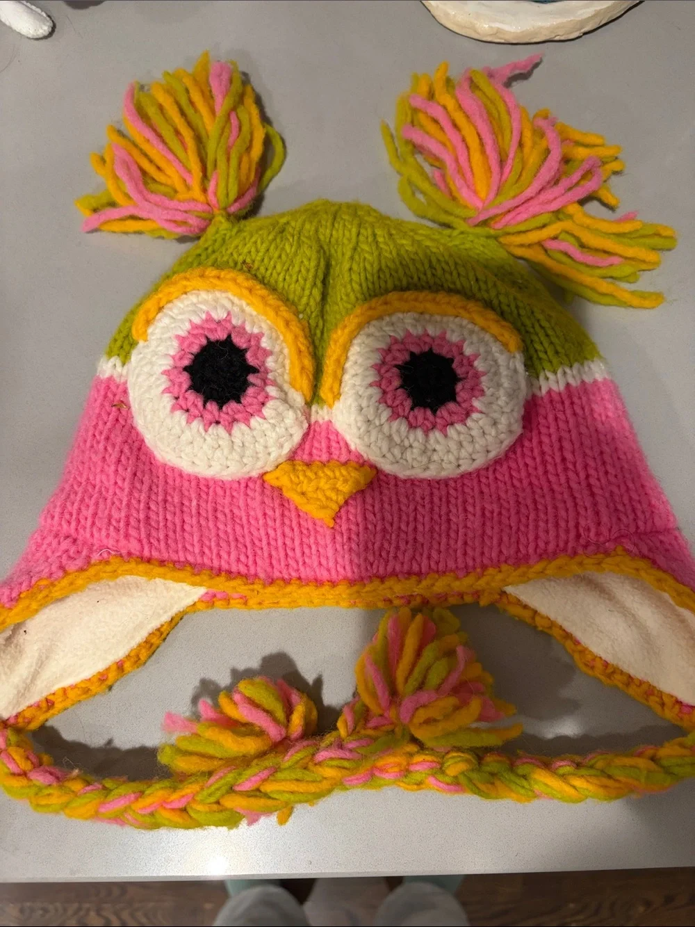 Kids Owl Knit Pom Hat - Pink & Lime Green
